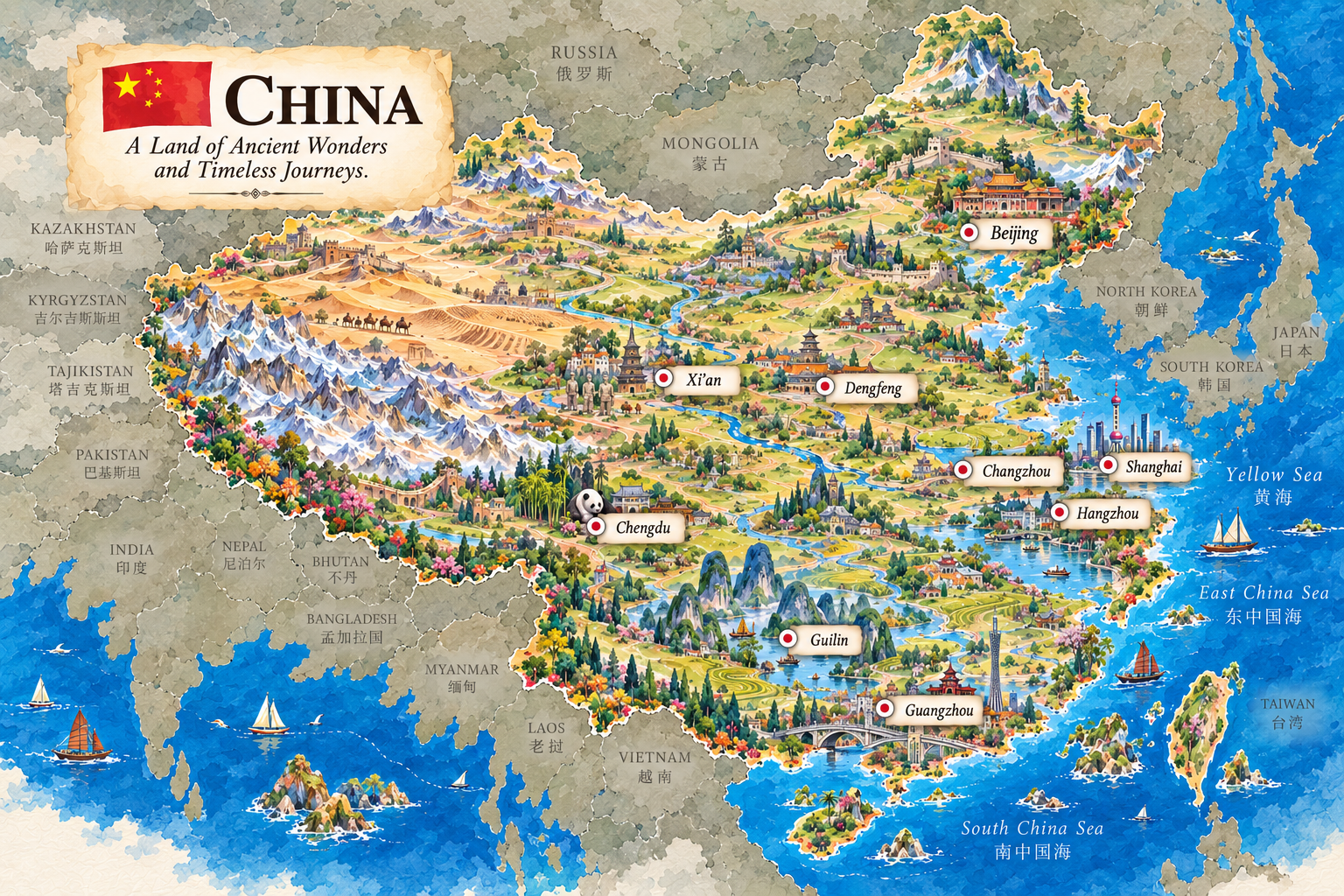 Illustrated China itinerary destinations
