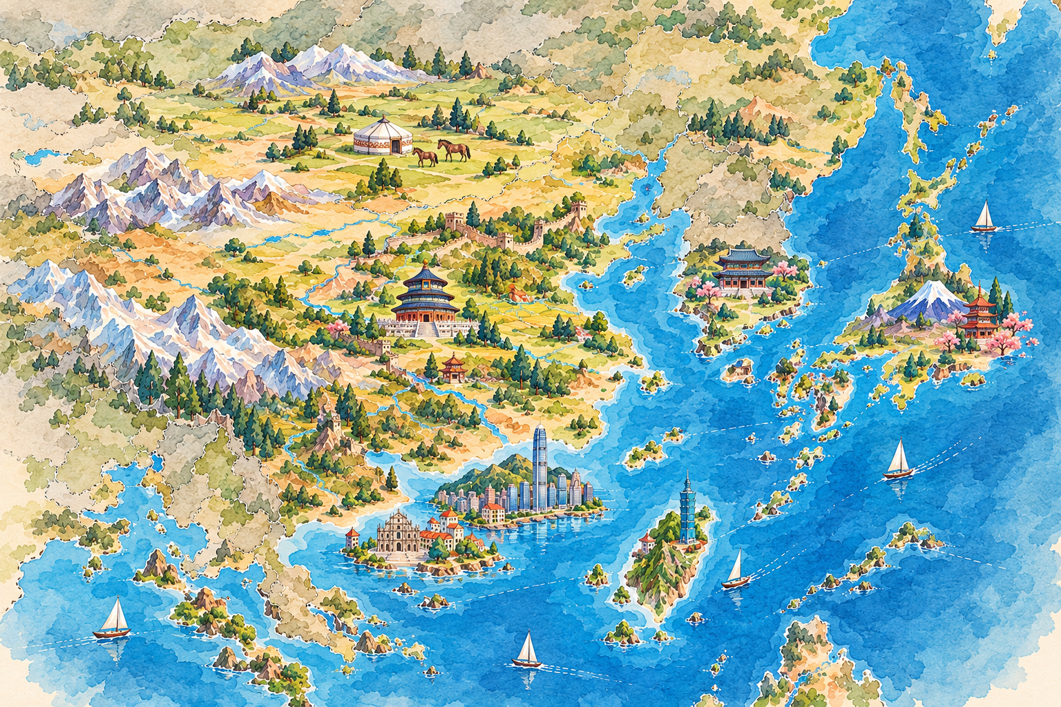 Watercolor East Asia atlas with seven destinations