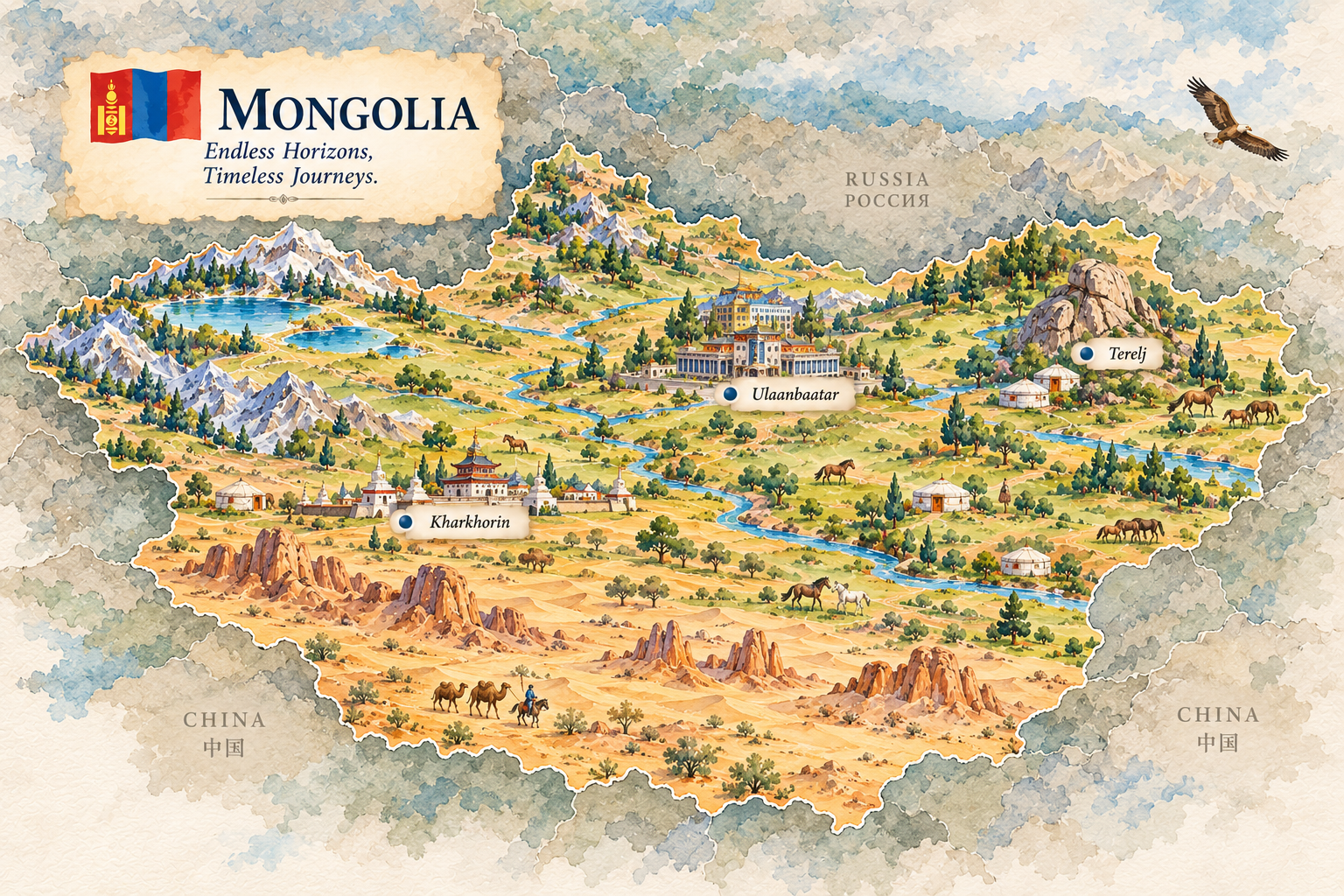 Illustrated Mongolia itinerary destinations