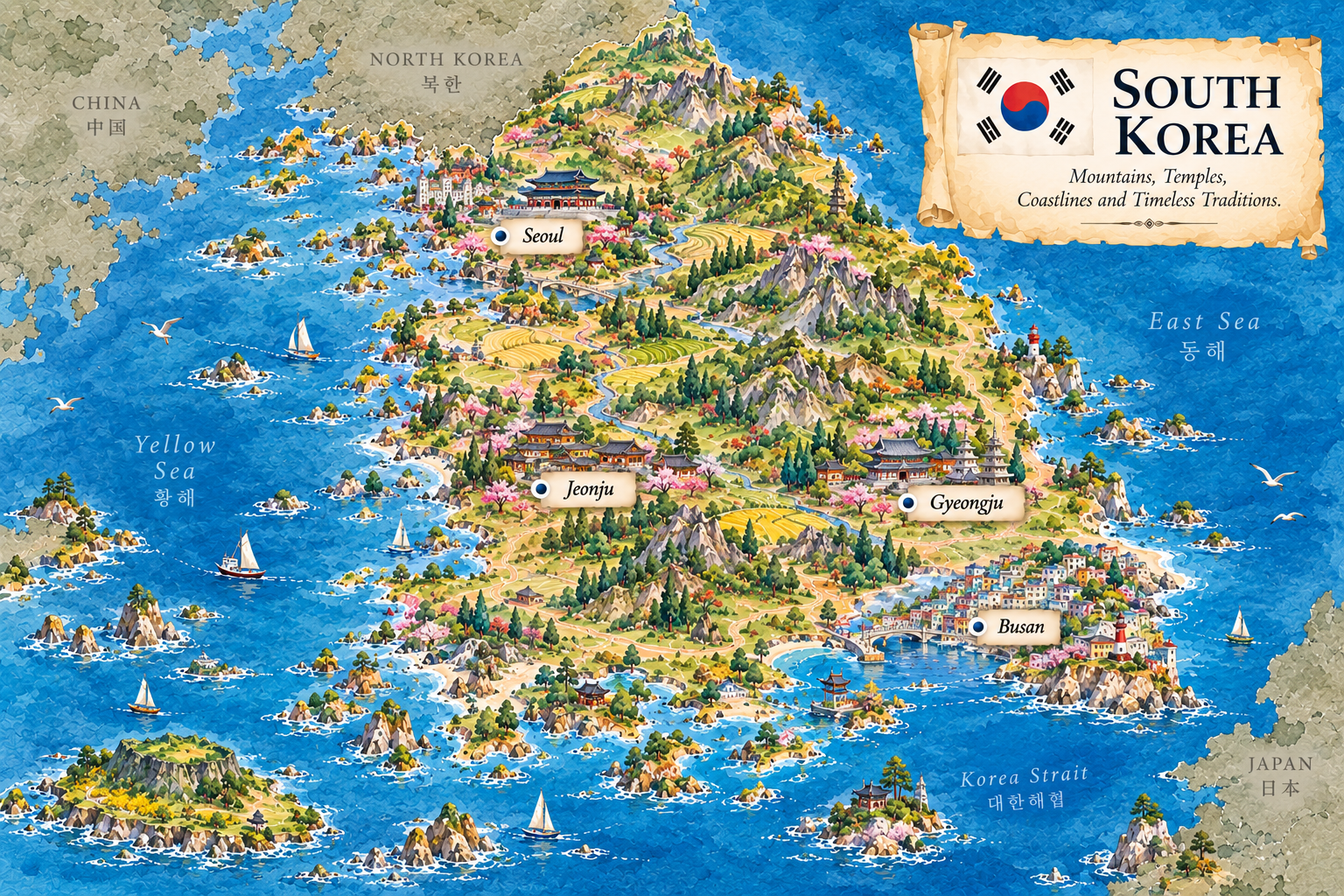 Illustrated South Korea itinerary destinations
