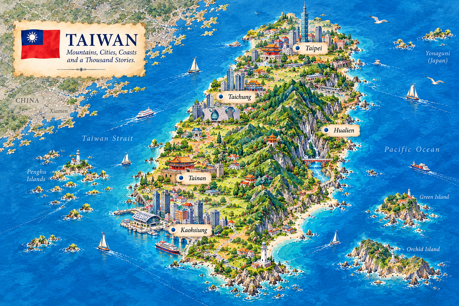 Illustrated Taiwan itinerary destinations